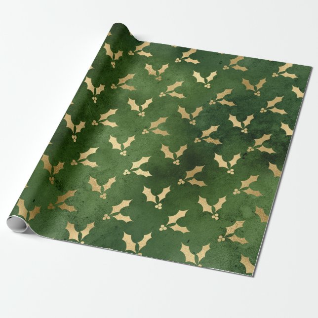 Elegant green & gold Christmas flower pattern Wrapping Paper (Unrolled)