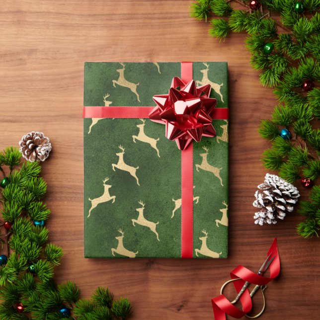 Elegant green & gold Christmas reindeer pattern Wrapping Paper (Holiday Gift)