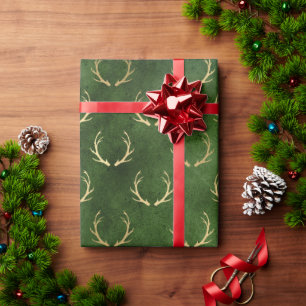 Elegant green & gold Christmas reindeer pattern Wrapping Paper