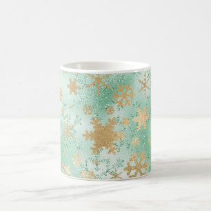 Elegant Green & Gold Christmas Snowflake Pattern Coffee Mug