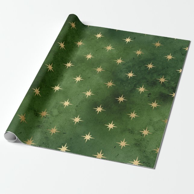 Elegant green & gold Christmas star pattern Wrapping Paper (Unrolled)