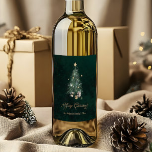 Elegant Green Gold Christmas Tree Wine Label