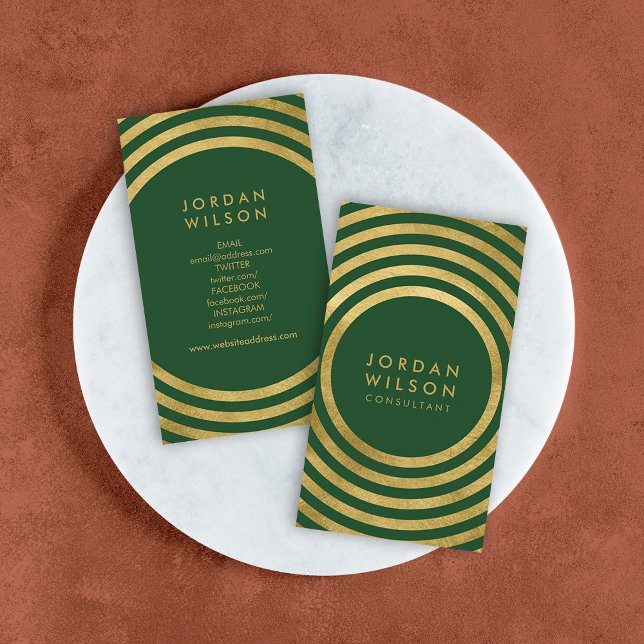 Elegant Green Gold Circles Geometric Social Media Business Card (Creator Uploaded)