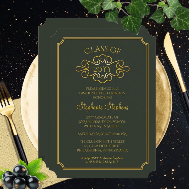 Elegant Green | Gold College Graduation Party Invitation (Elegant Green and Gold Tone College and University Graduation Announcement and Party Invitation)