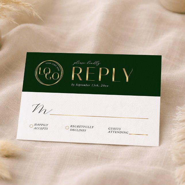 Elegant Green & Gold Company Logo Business Event RSVP Card (Creator Uploaded)