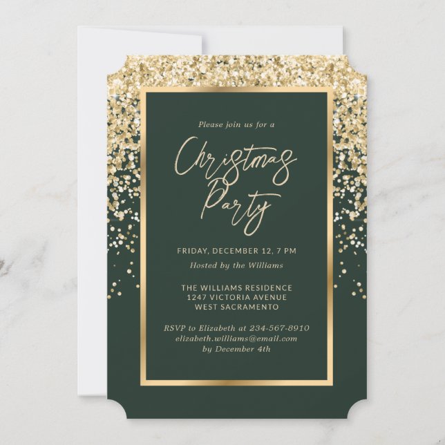Elegant Green Gold Confetti Christmas Party Invitation (Front)