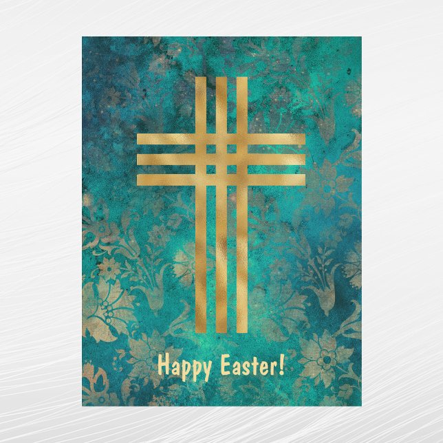 Elegant Green Gold Cross Easter Holiday Postcard (Creator Uploaded)