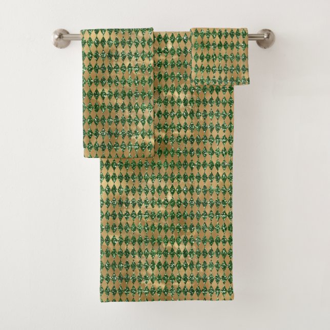 Elegant Green Gold Diamond Pattern Bath Towel Set (Insitu)