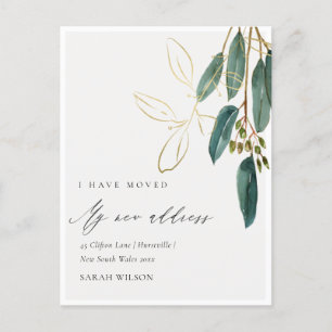 Elegant Green Gold Eucalyptus Branch I have Moved Postcard