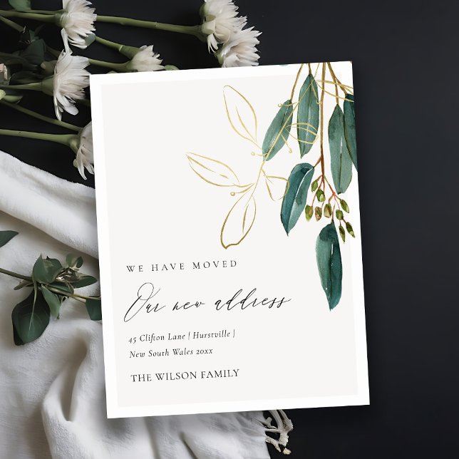 Elegant Green Gold Eucalyptus Branch We have Moved Postcard (Creator Uploaded)