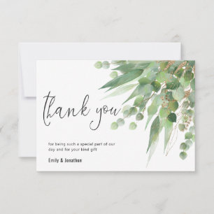 Elegant Green Gold Eucalyptus Leaves Script Photo Thank You Card