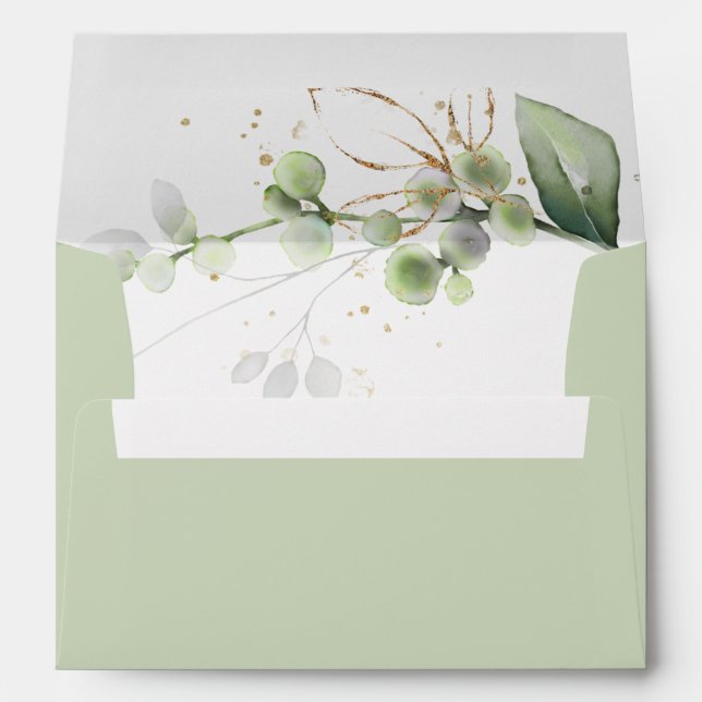 Elegant Green Gold Eucalyptus Mint Green Wedding Envelope (Back (Bottom))