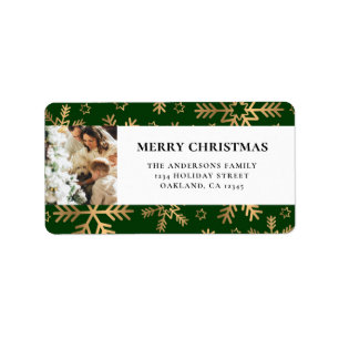 Elegant Green Gold Family Photo Merry Christmas Label