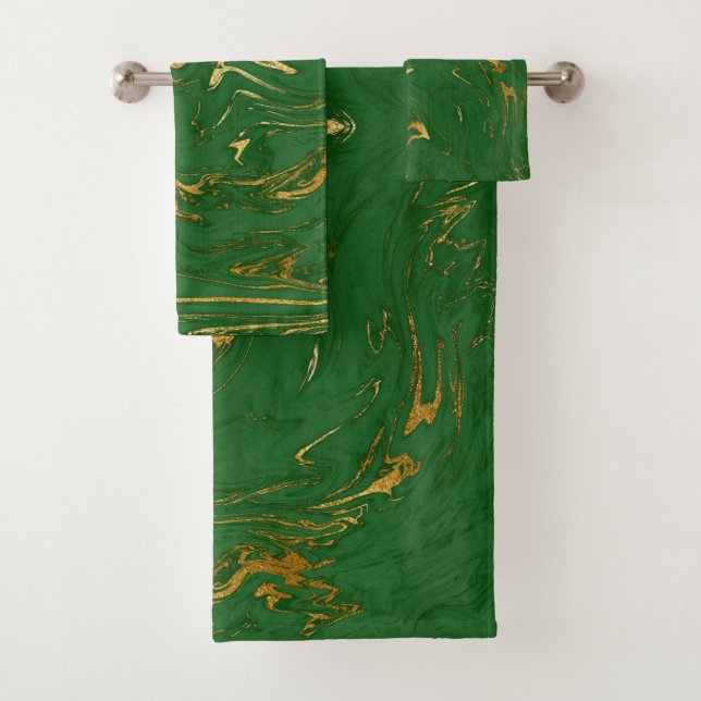 Elegant Green Gold Faux Marble Bath Towel Set (Insitu)