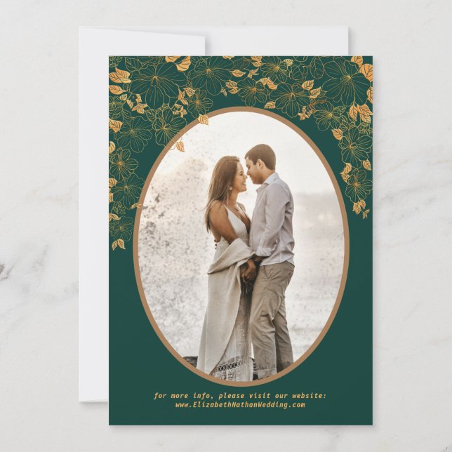 Elegant Green & Gold Floral Birds Custom Photo Save The Date (Back)
