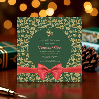 Elegant Green Gold Floral Christmas Business Party Invitation