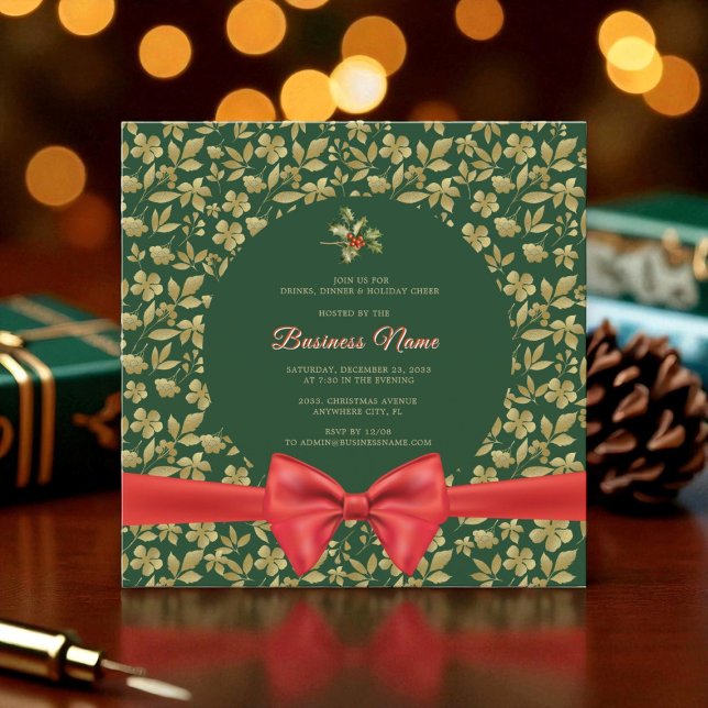 Elegant Green Gold Floral Christmas Business Party Invitation (Creator Uploaded)