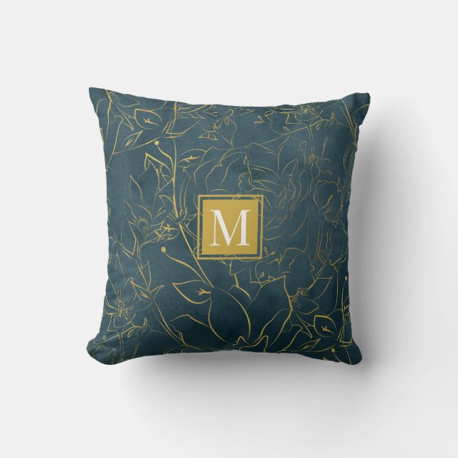 elegant green gold floral Monogram Throw Pillow (Front)