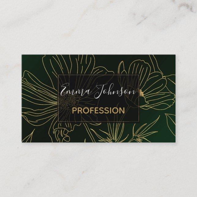 Elegant Green Gold Flowers Botanical Business Card (Front)