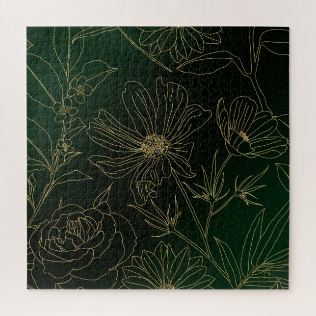 Elegant Green Gold Flowers Botanical Jigsaw Puzzle (Vertical)