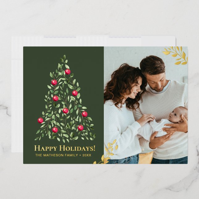 Elegant Green & Gold Foil Botanical Family Photo H Holiday Card (Envelope)