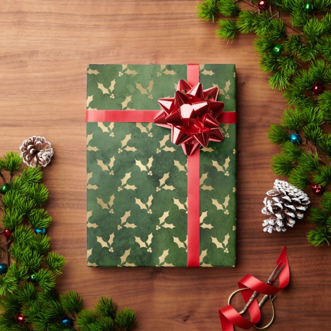 Elegant green gold foil cute mistletoe pattern wrapping paper (Holiday Gift)