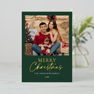Elegant Green Gold Foil Merry Christmas Photo Holiday Card