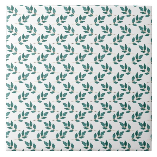 Elegant Green & Gold Foliage paint White Design Ceramic Tile (Front)