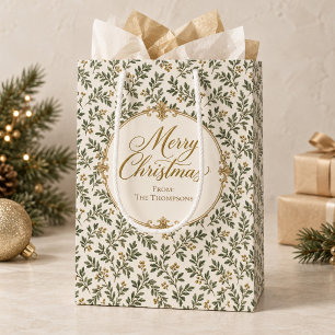 Elegant Green Gold Foliage Personalised Medium Gift Bag