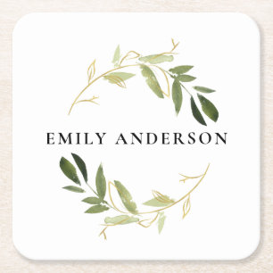 ELEGANT GREEN GOLD FOLIAGE WATERCOLOR WREATH SQUARE PAPER COASTER