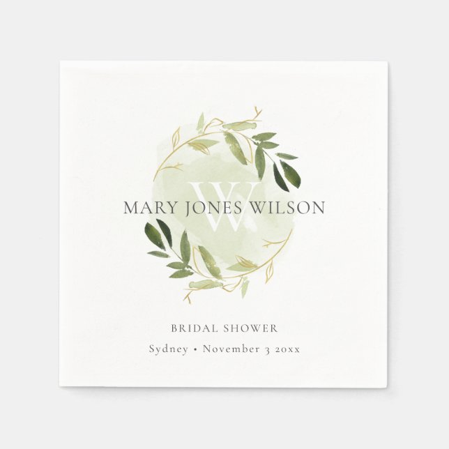 ELEGANT GREEN GOLD FOLIAGE WREATH BRIDAL SHOWER NAPKIN (Front)