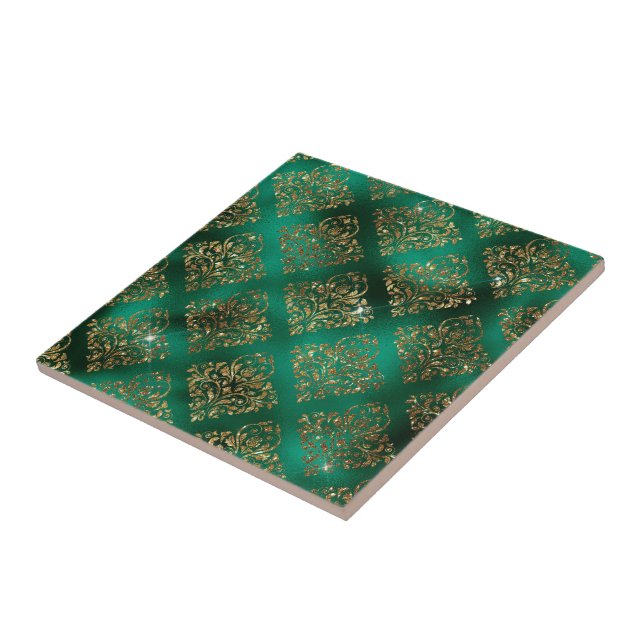 Elegant Green Gold Geometric Pattern Christmas Ceramic Tile (Side)
