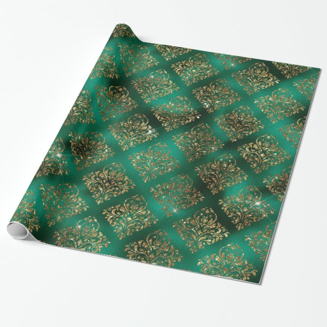 Elegant Green Gold Geometric Pattern Christmas Wrapping Paper (Unrolled)