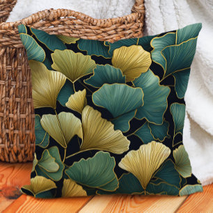 Elegant Green Gold Ginko Leaves Black Cushion