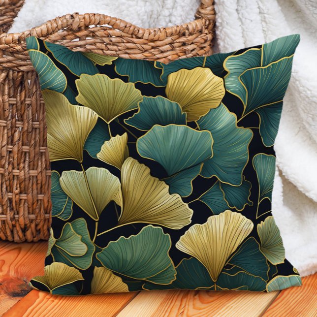 Elegant Green Gold Ginko Leaves Black Cushion (Elegant green and gold ginko on black decorator pillow)