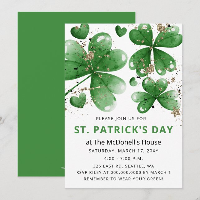Elegant Green Gold Gitter Shamrock St Patricks Day Invitation (Front/Back)