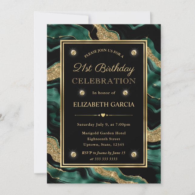 Elegant Green & Gold Glitter Agate 21st Birthday Invitation (Front)