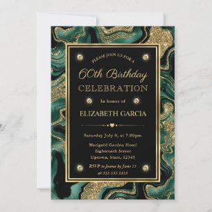 Elegant Green & Gold Glitter Agate 60th Birthday Invitation