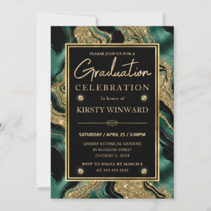 Elegant Green & Gold Glitter Agate Graduation Invitation