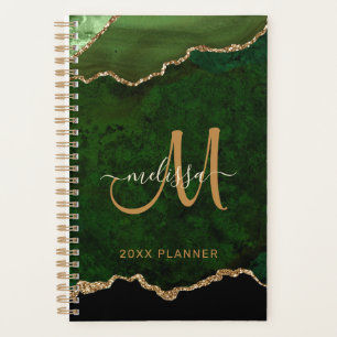 Elegant Green Gold Glitter Agate Monogram 2023 Planner