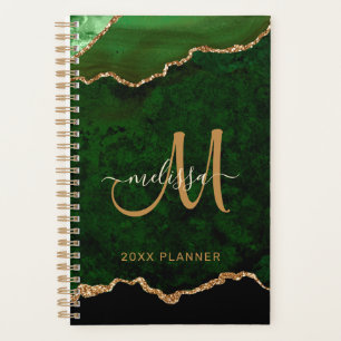 Elegant Green Gold Glitter Agate Monogram 2024 Planner
