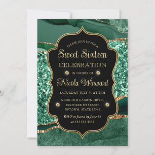 Elegant Green & Gold Glitter Agate Sweet Sixteen Invitation