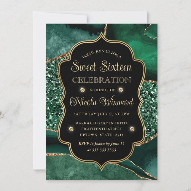Elegant Green & Gold Glitter Agate Sweet Sixteen Invitation (Front)