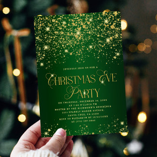 Elegant Green Gold Glitter Christmas Eve Party Invitation