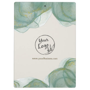 Elegant Green Gold Glitter Watercolor + Logo  Clip Clipboard