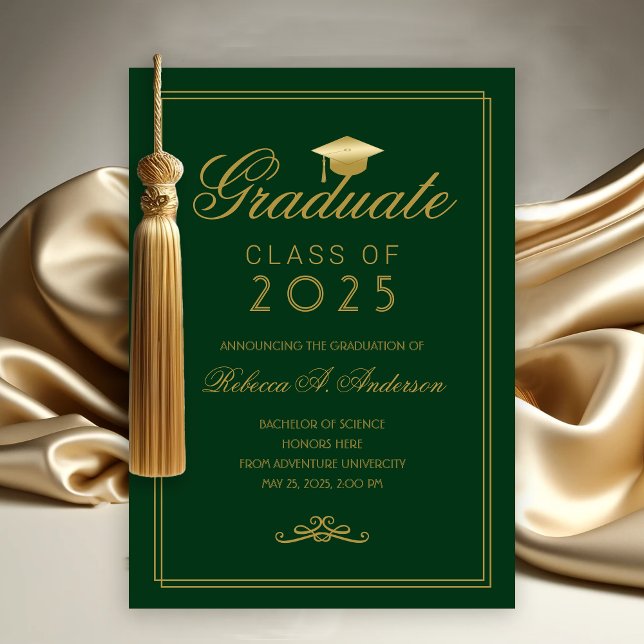 Elegant Green Gold Grad Cap College Graduation Announcement (Green and Gold College Graduation Announcement)