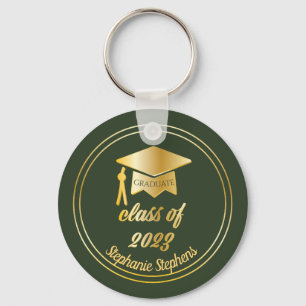 Elegant Green   Gold Graduate Cap Graduation Keych Key Ring