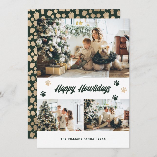 Elegant Green Gold Happy Howlidays Photo Holiday Card (Front/Back)