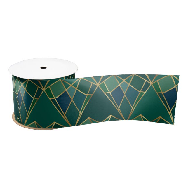 Elegant Green Gold Heart Geometric Art Deco Satin Ribbon (Spool)