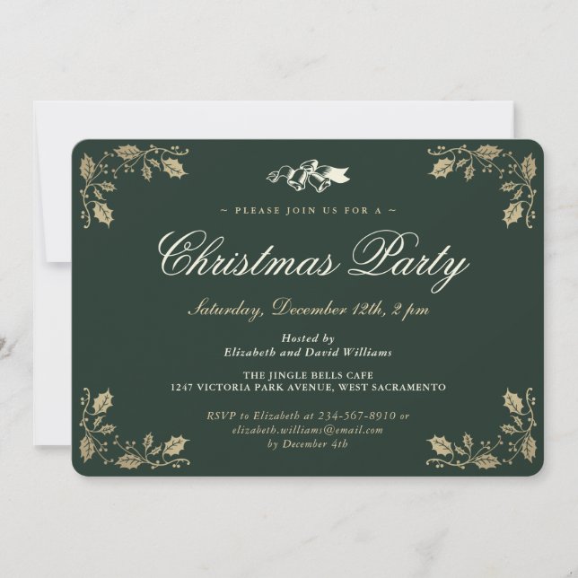 Elegant Green Gold Holly Christmas Holiday Party Invitation (Front)